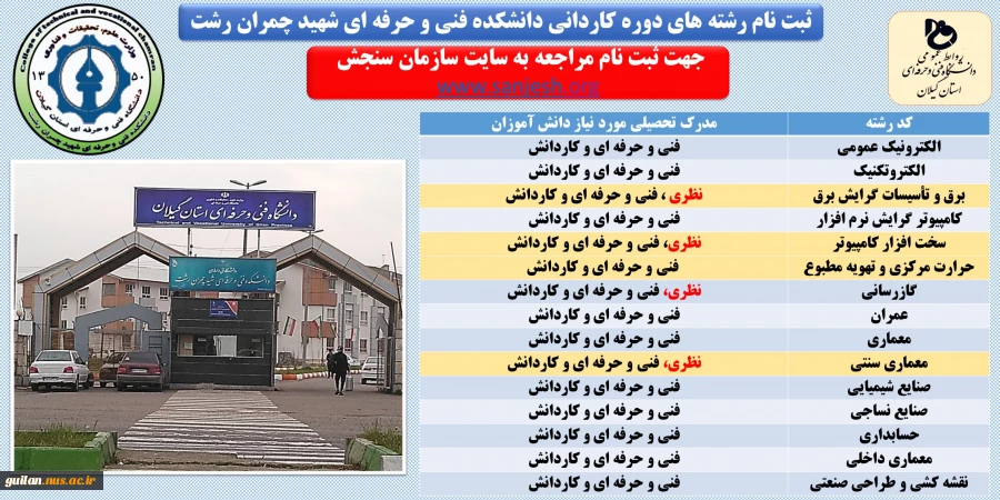 کد رشته محل های کنکور 98 دوره کاردانی دانشکده شهید چمران رشت 2